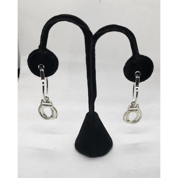 Freedom from handcuffs charmed hoop earrings. 1.12"  NA AA CA Recovery Jail - Picture 3 of 5